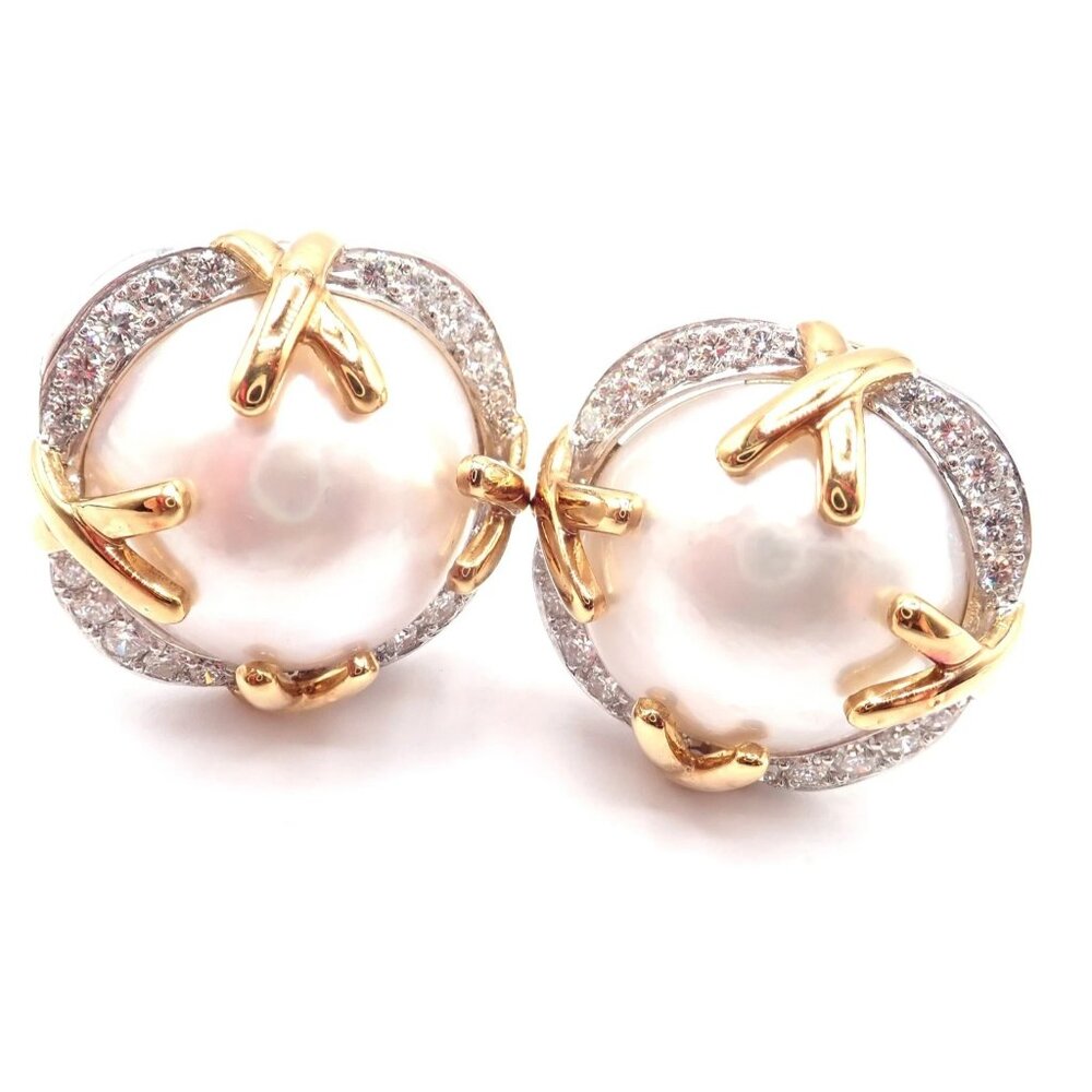 Authentic! Vintage Verdura 18k Yellow Gold Mabe Pearl Diamond Large Earrings - Picture 12 of 14
